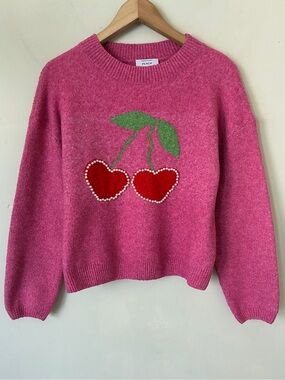 Peach Los Angeles Pink Cottagecore Cherry Heart Pearl Knit Sweater S boho